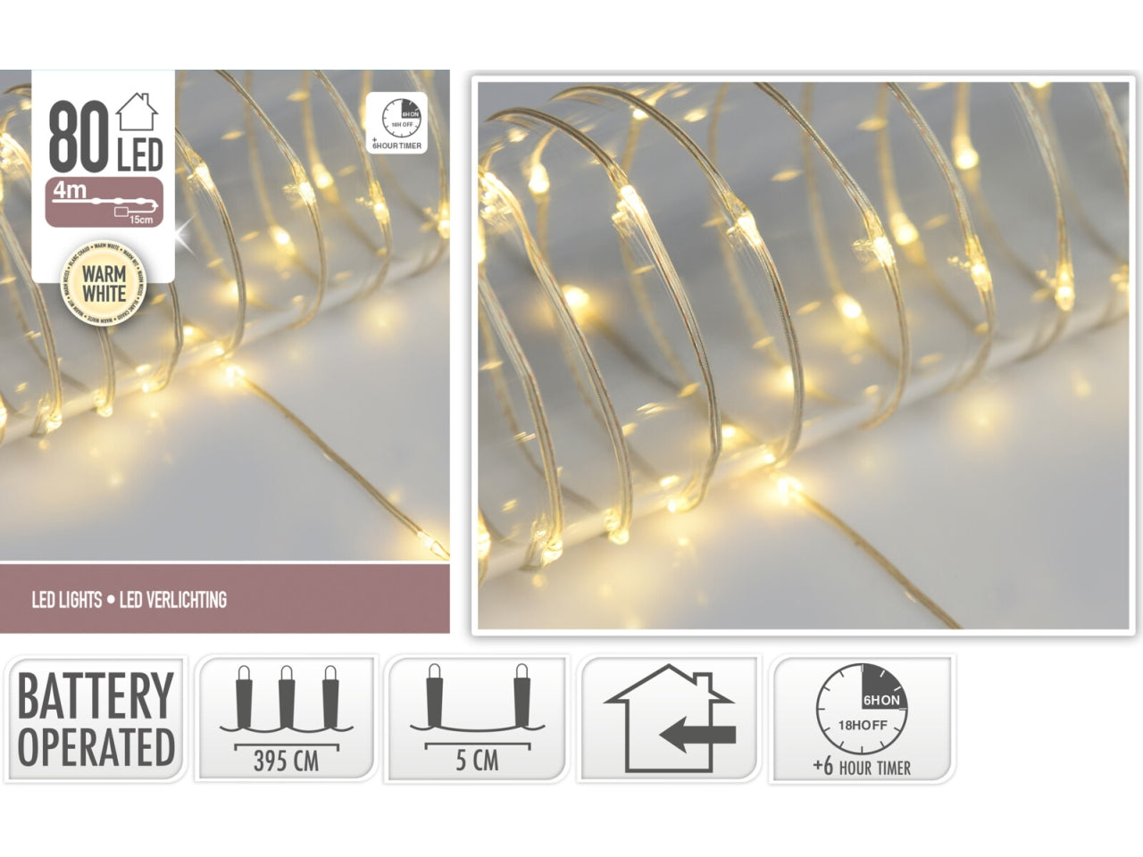 80 led bianco caldo soft wire trasparente, distanza led 5cm, cavo guiida 12cm, funzionamento a batteria (3x aa non incluse) con timer per uso interno