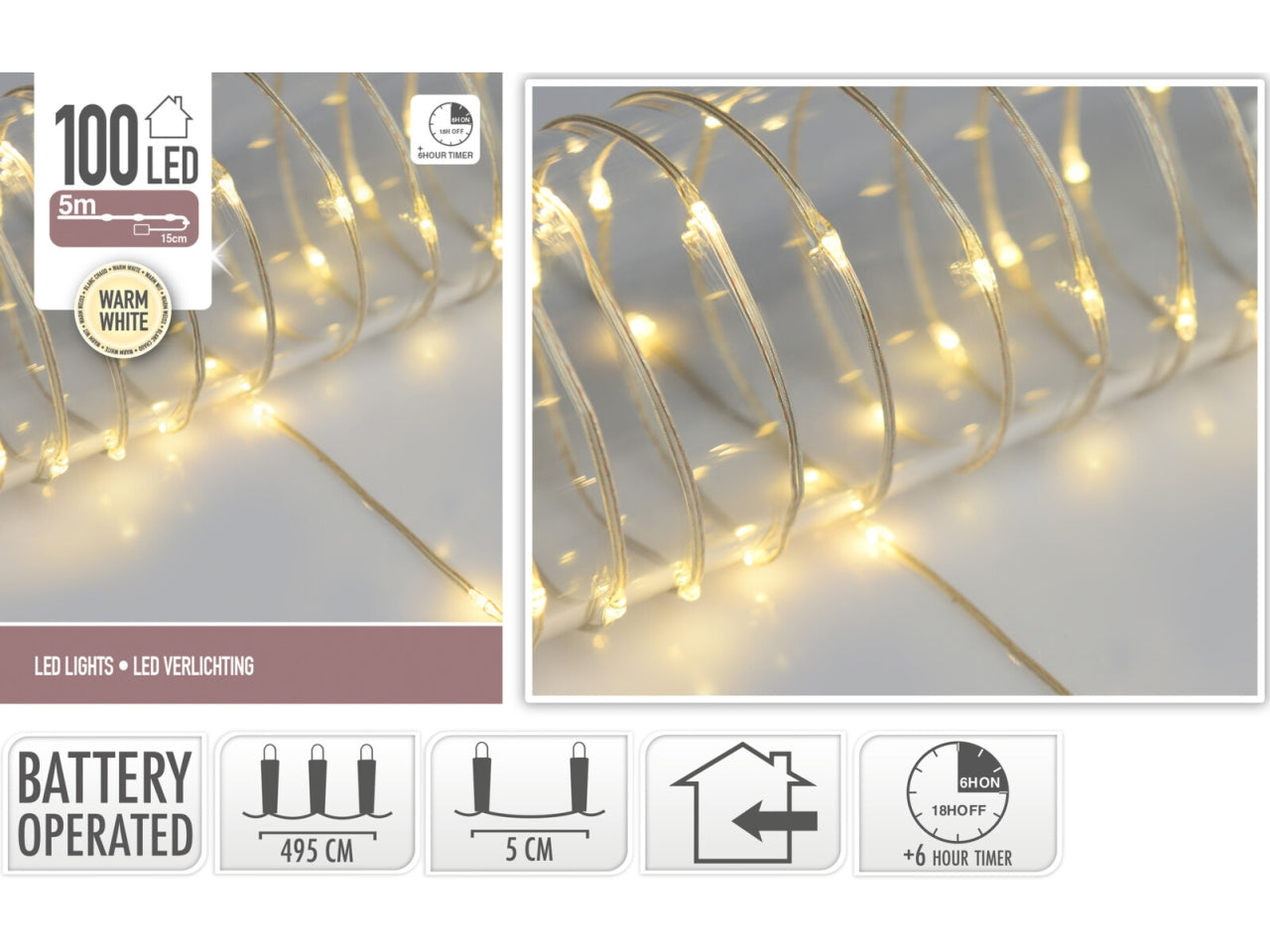 100 led bianco caldo soft wire trasparente, distanza led 5cm, cavo guiida 12cm, funzionamento a batteria (3x aa non incluse) con timer per uso interno