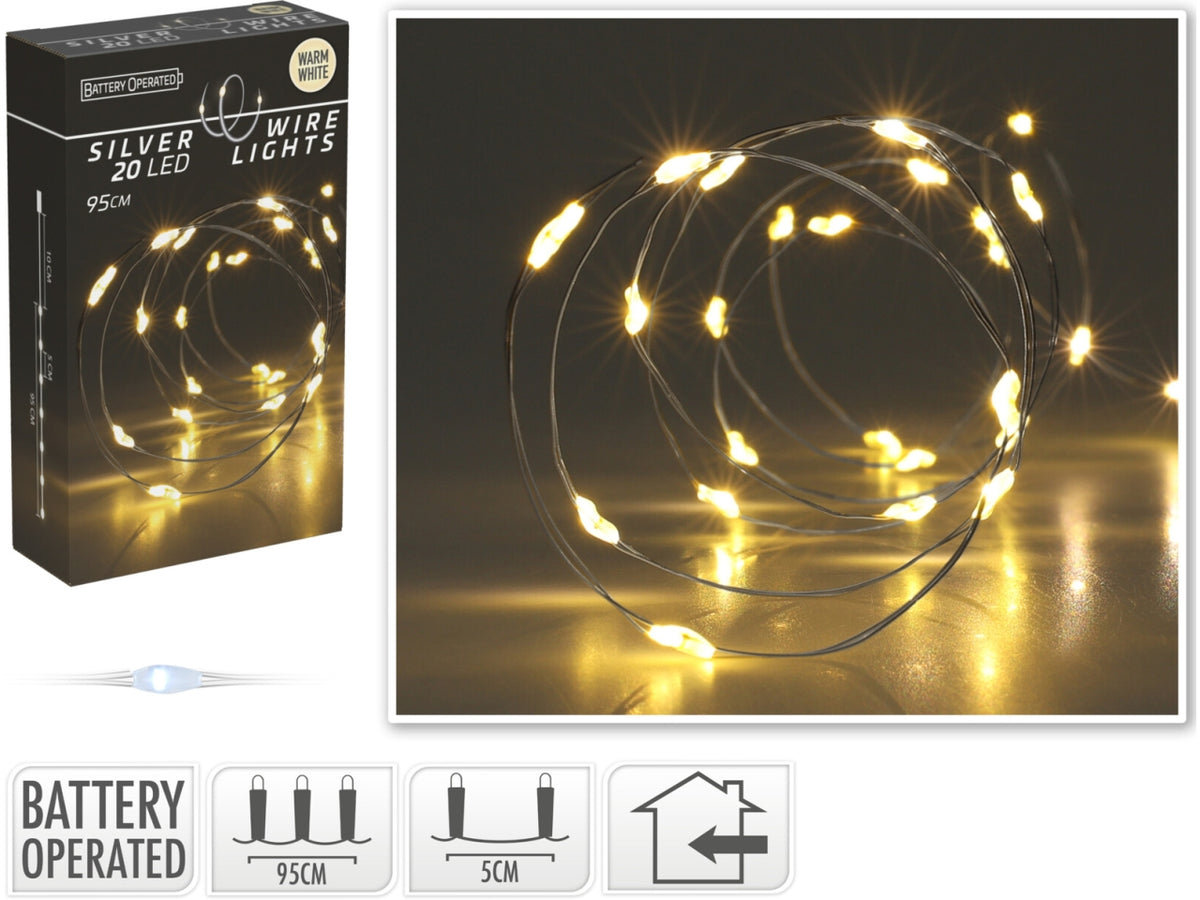 Cavo metallo argento 20 microled bianco caldo, distanza led 5cm, cavo guida 10cm, funzionamento a batteria (2x aa non incluse), per uso interno, in nuova scatola fotocolor