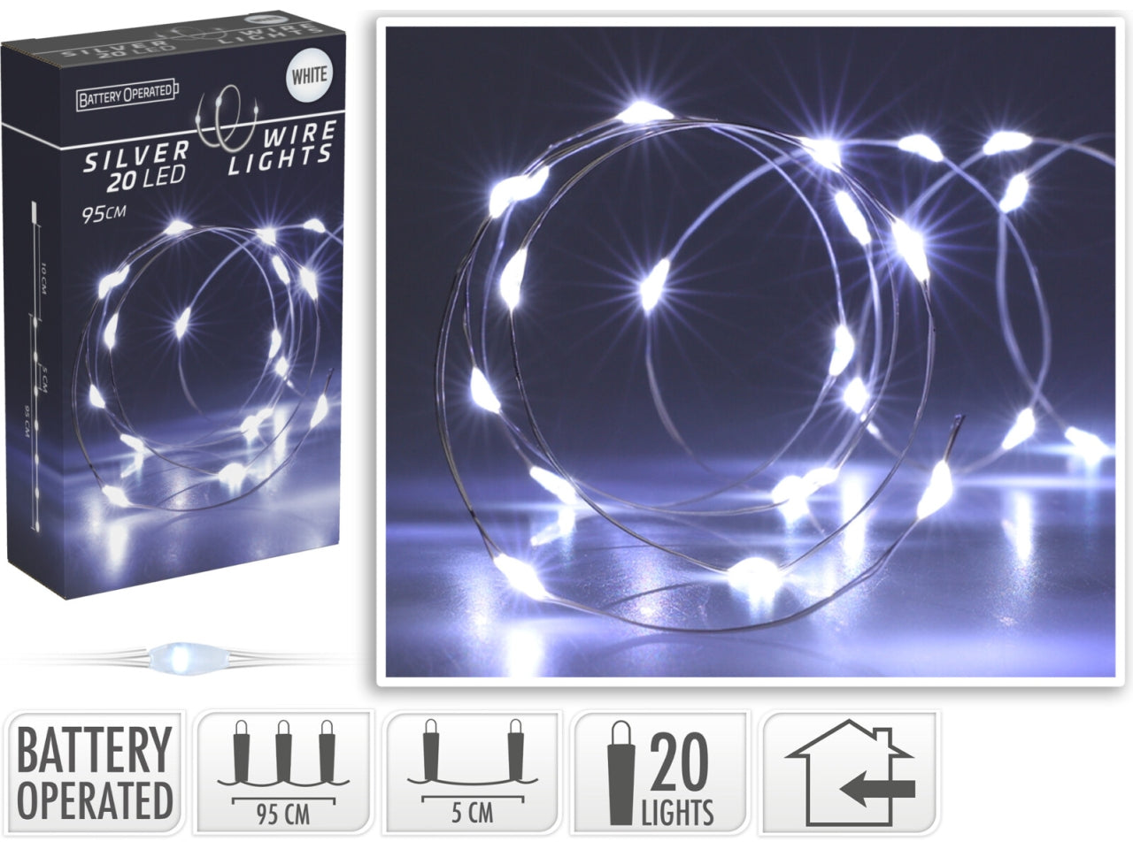 Cavo metallo argento 20 microled bianco freddo, distanza led 5cm, cavo guida 10cm, funzionamento a batteria (2x aa non incluse), per uso interno, in nuova scatola fotocolor