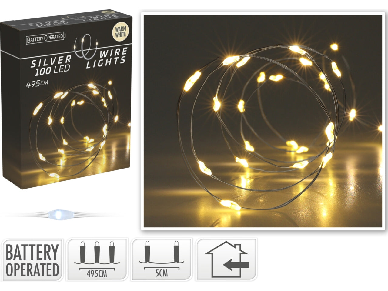 Cavo metallo argento 100 microled bianco caldo, distanza led 5cm, cavo guida 10cm, funzionamento a batteria (3x aa non incluse), per uso interno, in nuova scatola fotocolor