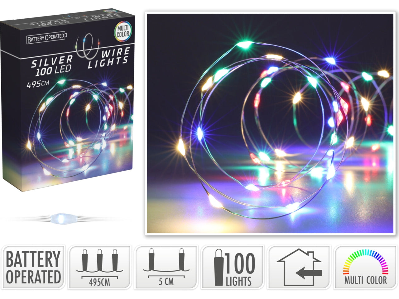 Cavo metallo argento 100 microled multicolor, distanza led 5cm, cavo guida 10cm, funzionamento a batteria (3x aa non incluse), per uso interno, in nuova scatola fotocolor