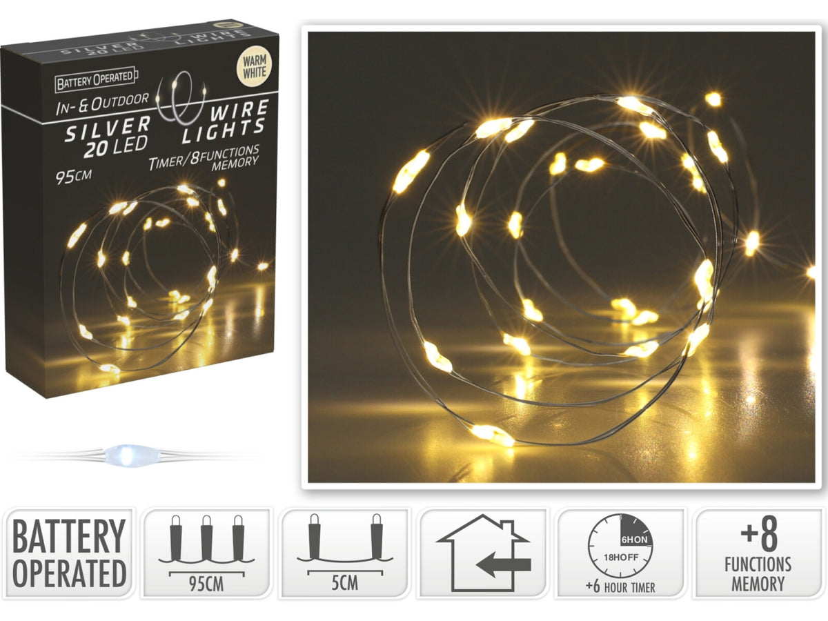 Cavo metallo argento 20 microled bianco caldo, distanza led 5cm, cavo guida 10cm, funzionamento a batteria (3x aa non incluse), con controller gioco luci 8 funzioni e timer per uso interno/esterno, in nuova scatola fotocolor e display con try me