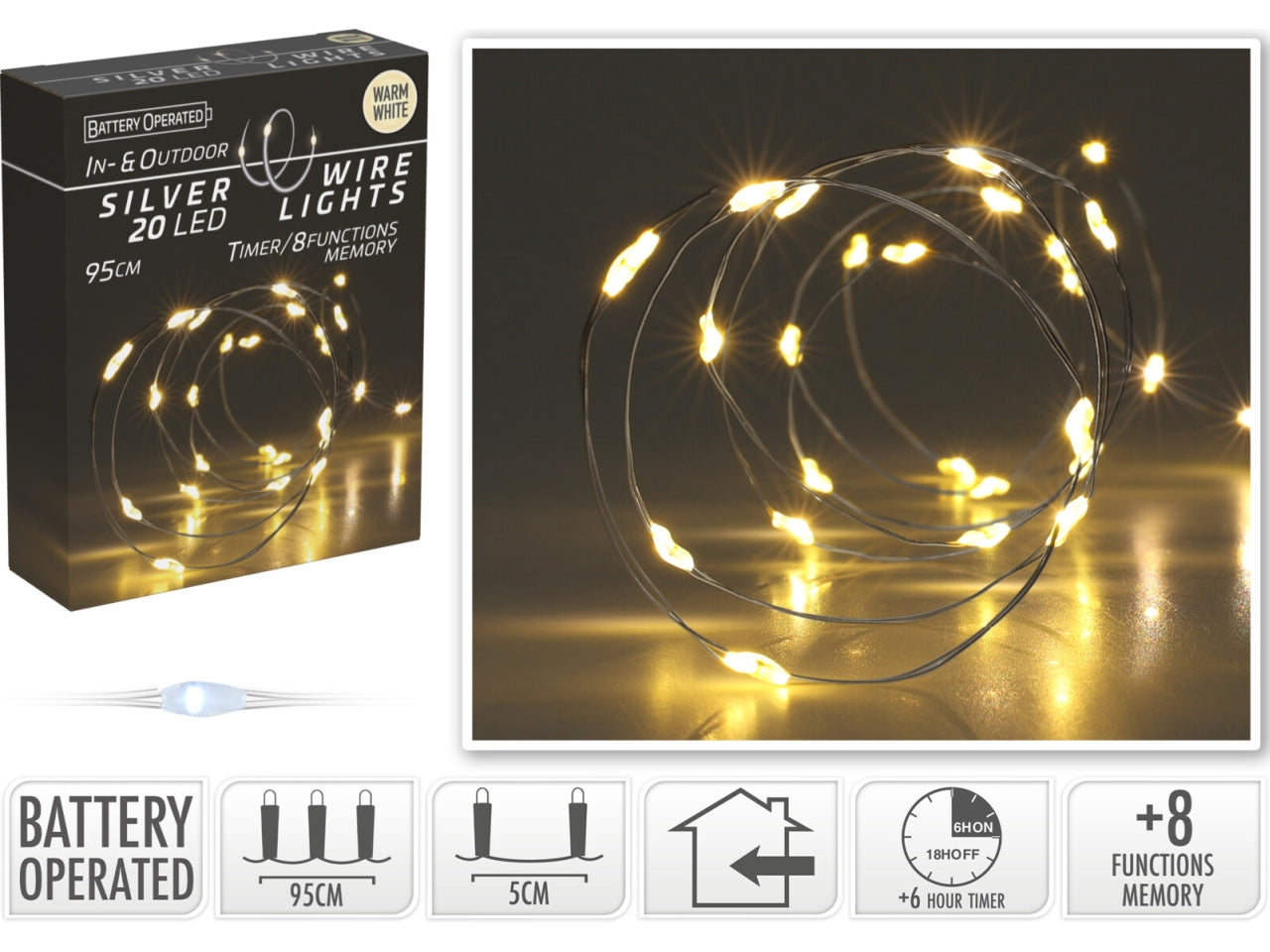 Cavo metallo argento 20 microled bianco caldo, distanza led 5cm, cavo guida 10cm, funzionamento a batteria (3x aa non incluse), con controller gioco luci 8 funzioni e timer per uso interno/esterno, in nuova scatola fotocolor e display con try me