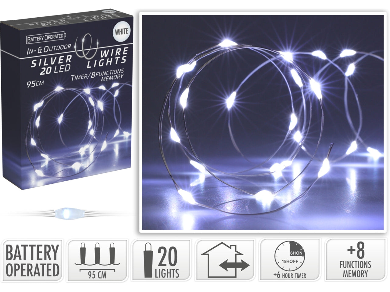 Cavo metallo argento 20 microled bianco freddo, distanza led 5cm, cavo guida 10cm, funzionamento a batteria (3x aa non incluse), con controller gioco luci 8 funzioni e timer per uso interno/esterno, in nuova scatola fotocolor e display con try me