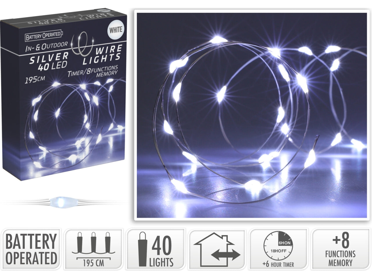 Cavo metallo argento 40 microled bianco freddo, distanza led 5cm, cavo guida 10cm, funzionamento a batteria (3x aa non incluse), con controller gioco luci 8 funzioni e timer per uso interno/esterno, in nuova scatola fotocolor e display con try me