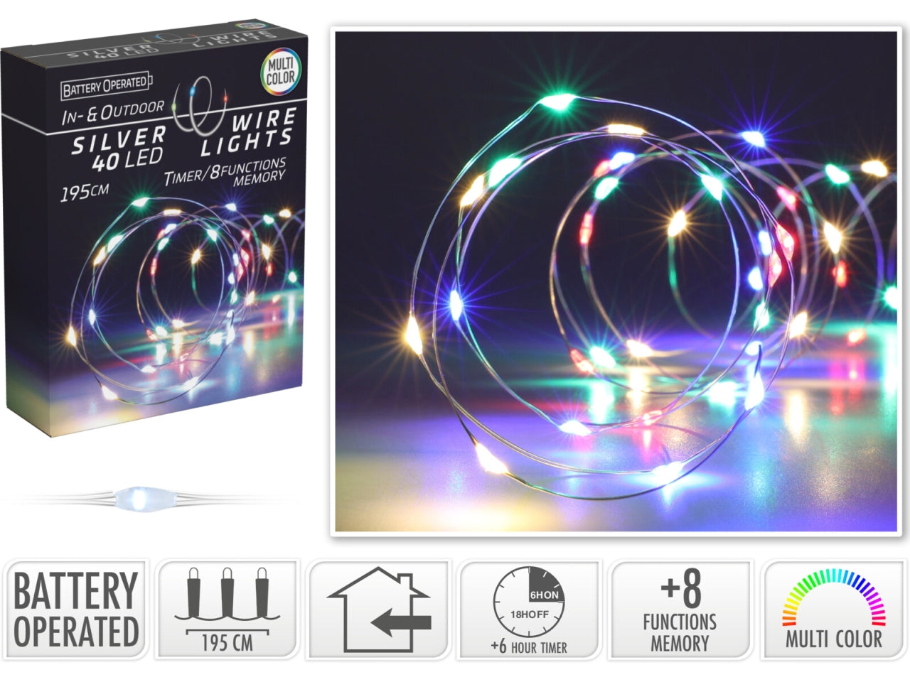 Cavo metallo argento 40 microled multicolor, distanza led 5cm, cavo guida 10cm, funzionamento a batteria (3x aa non incluse), con controller gioco luci 8 funzioni e timer per uso interno/esterno, in nuova scatola fotocolor e display con try me