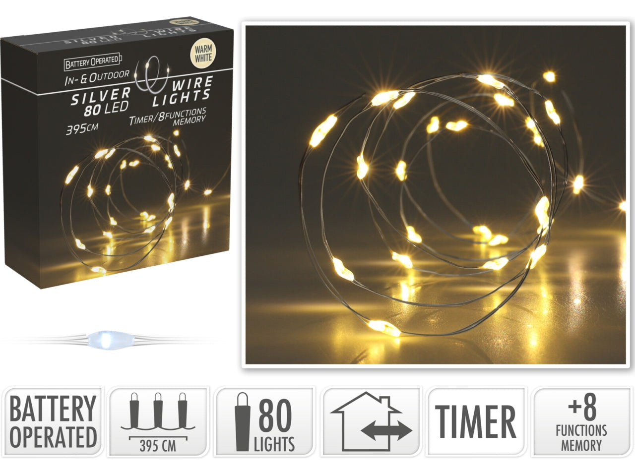 Cavo metallo argento 80 microled bianco caldo, distanza led 5cm, cavo guida 10cm, funzionamento a batteria (3x aa non incluse), con controller gioco luci 8 funzioni e timer per uso interno/esterno, in nuova scatola fotocolor e display con try me