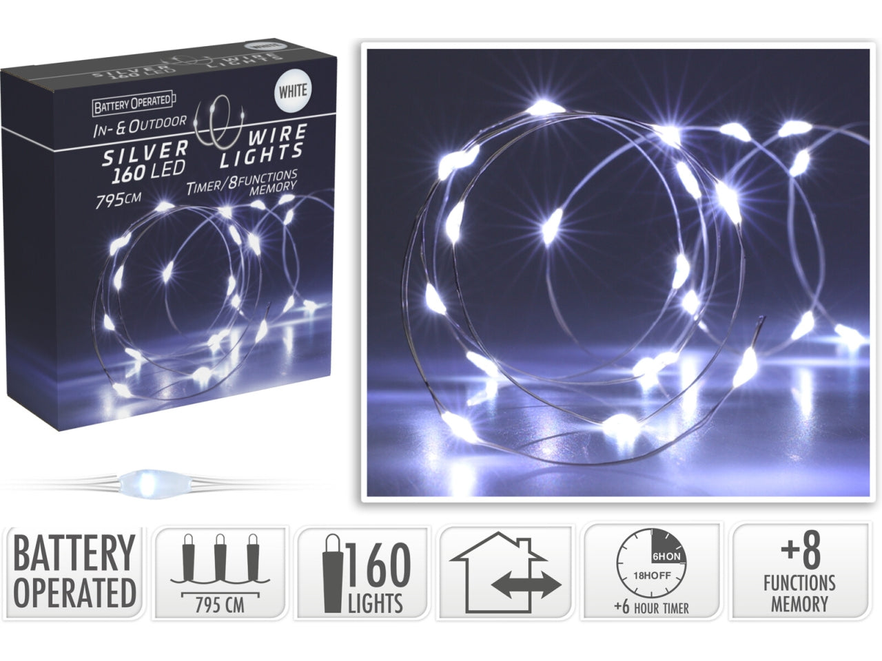 Cavo metallo argento 160 microled bianco freddo, distanza led 5cm, cavo guida 10cm, funzionamento a batteria (3x aa non incluse), con controller gioco luci 8 funzioni e timer per uso interno/esterno, in nuova scatola fotocolor e display con try me