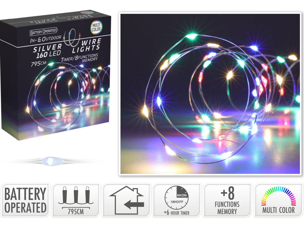 Cavo metallo argento 160 microled multicolor, distanza led 5cm, cavo guida 10cm, funzionamento a batteria (3x aa non incluse), con controller gioco luci 8 funzioni e timer per uso interno/esterno, in nuova scatola fotocolor e display con try me