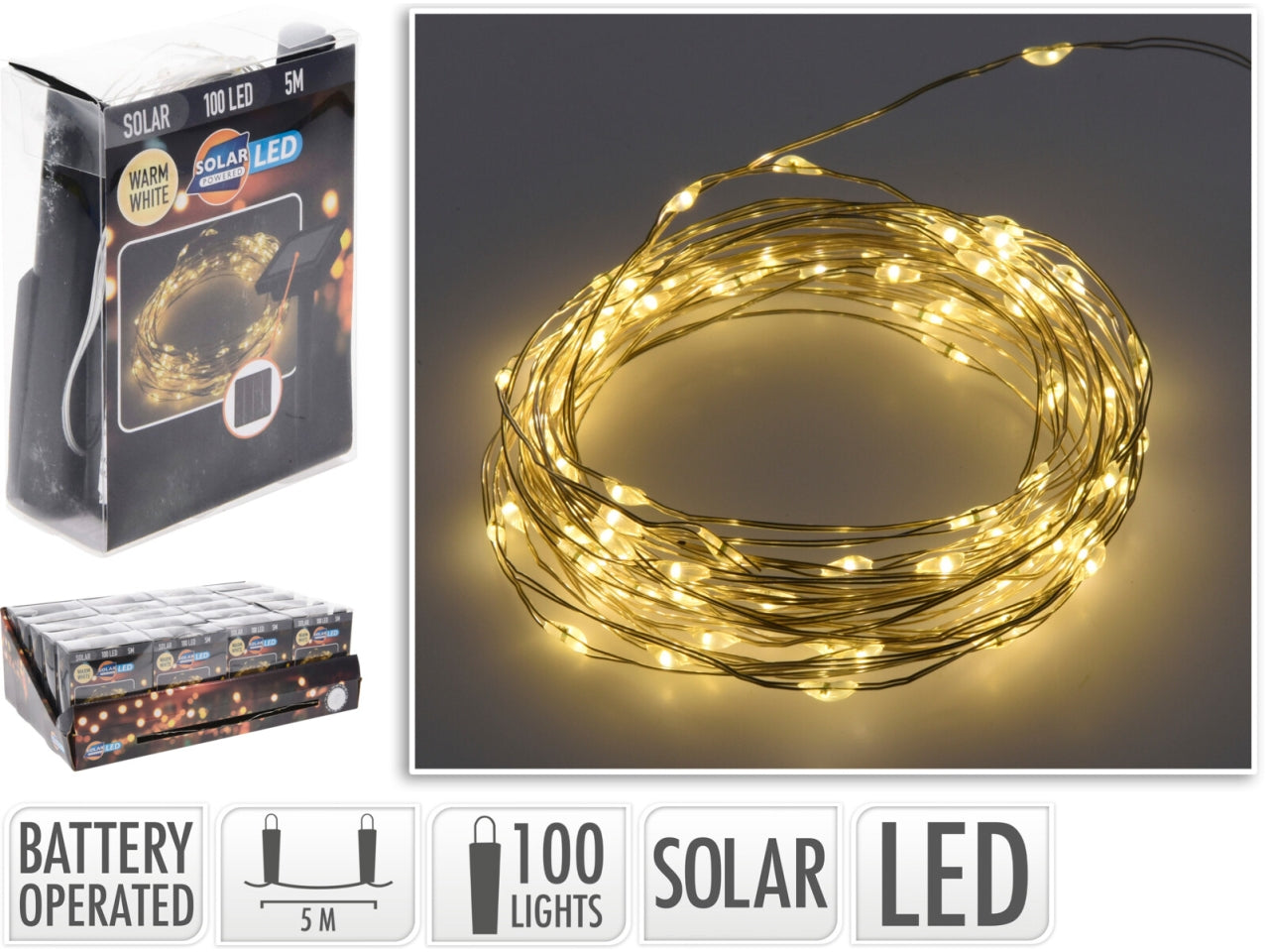 Catena luminosa solare da giardino LED bianco caldo - 100 microled con modalità illuminazione fissa, autonomia 6 ore - 7m - Koopman