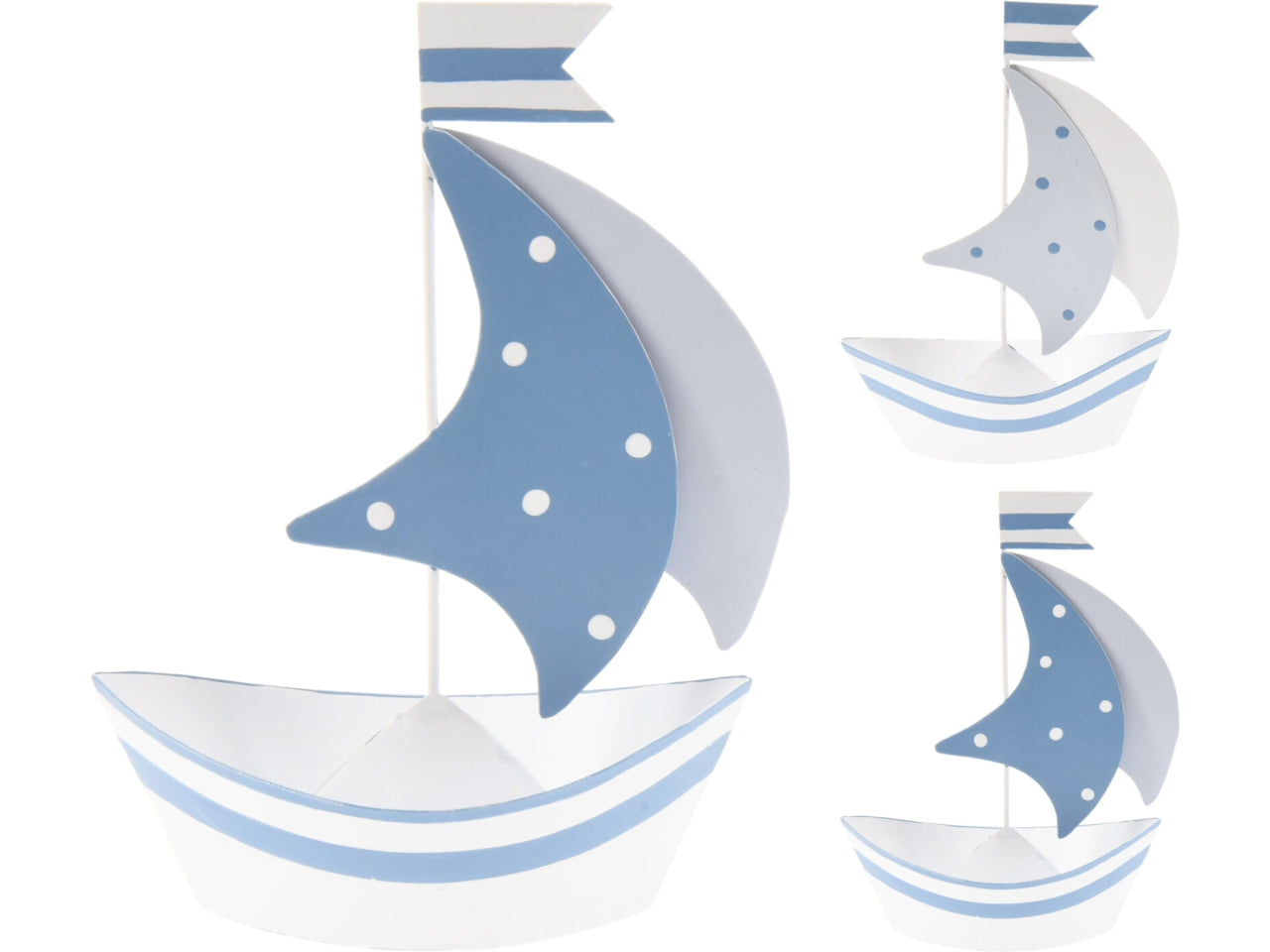 Oggetto decorativo barca a vela in ferro stile marinaro bianco e blu 2 assortimenti, 9x5x13 cm - H&S Beach