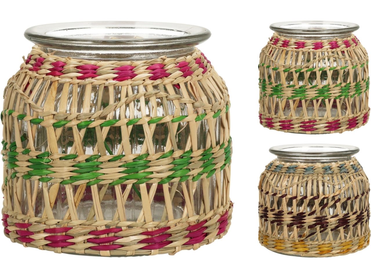 Vaso decorativo etnico in vetro e seagrass, forma cilindrica 11x10 cm - Koopman