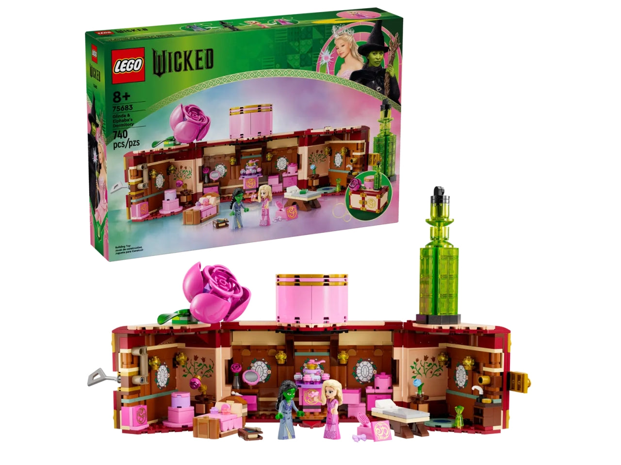 LEGO Wicked Il Dormitorio di Glinda ed Elphaba, Giochi di Fantasia per Bambine e Bambini da 8 Anni in su, Baule Apribile con Camera da Letto da Costruire con 2 Personaggi del Film, Idea Regalo 75683