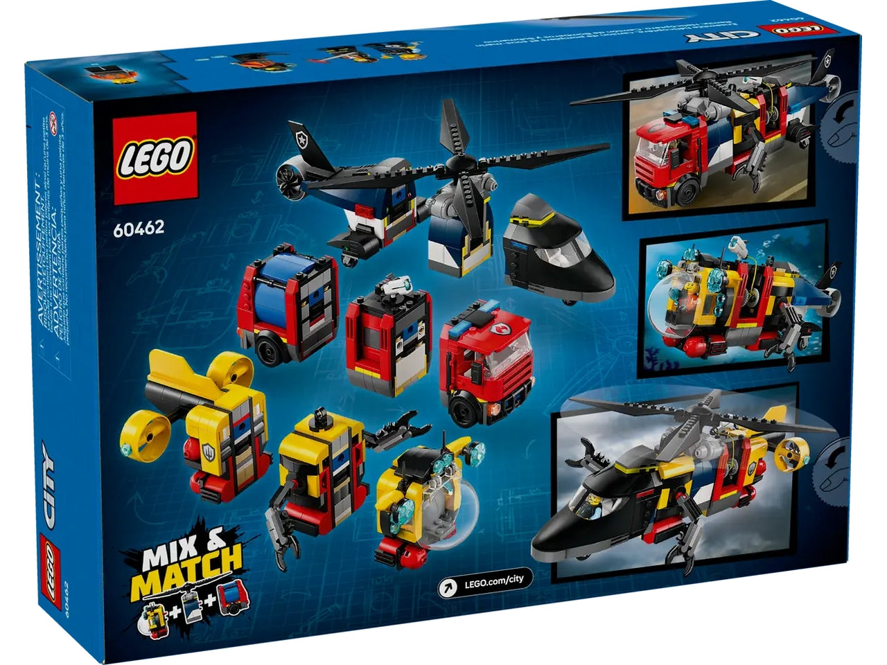 Lego City great vehicles elicottero, autopompa e sottomarino 874 pezzi per età 7+ 60462