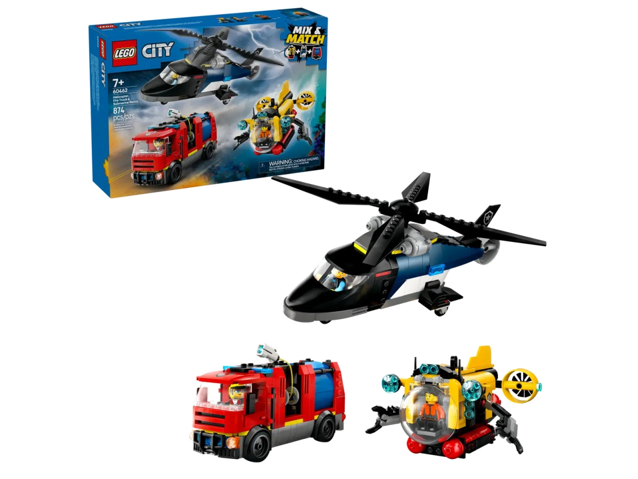 Lego City great vehicles elicottero, autopompa e sottomarino 874 pezzi per età 7+ 60462