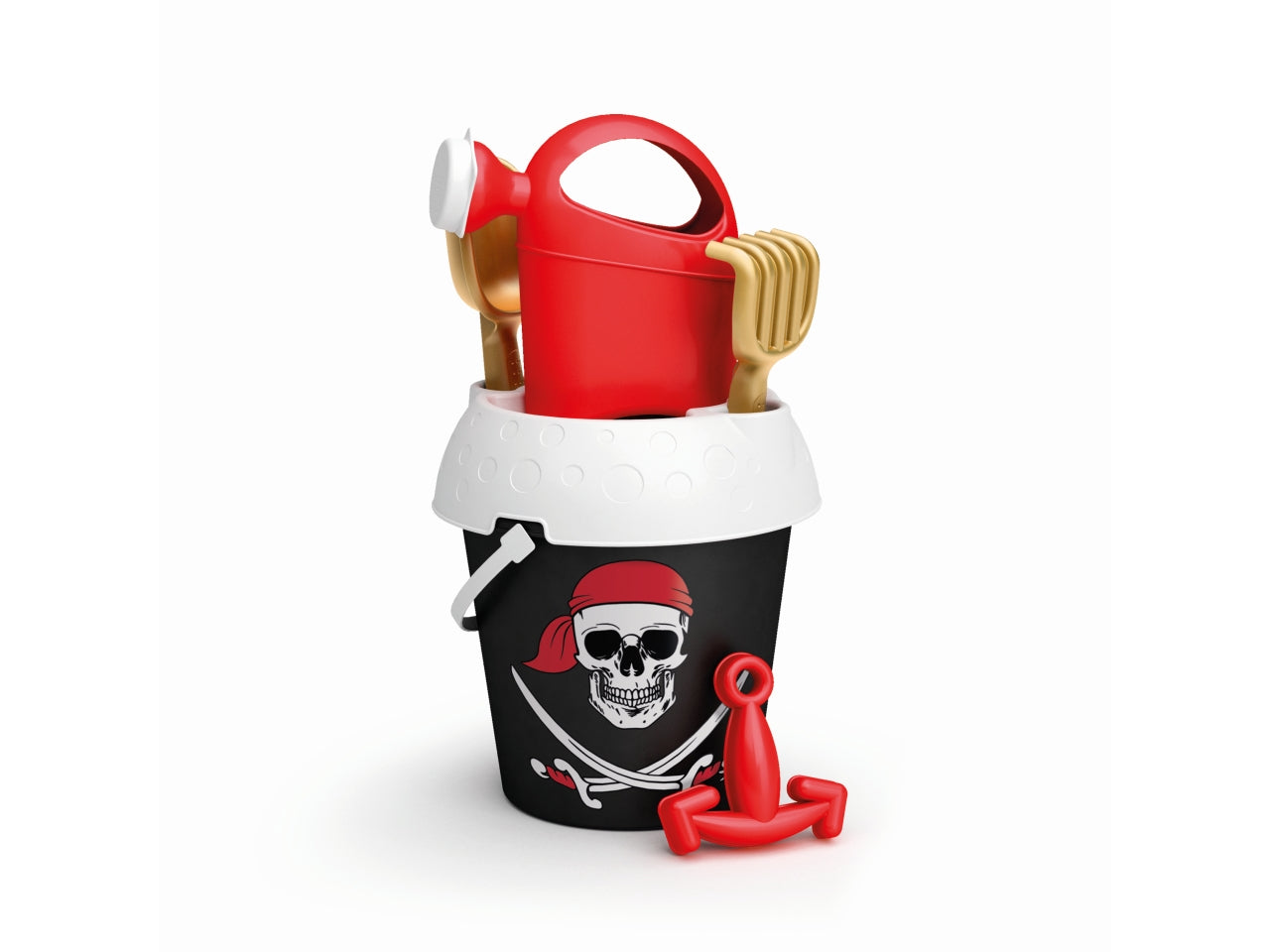 Secchiello pirata nero set spiaggia con innaffiatoio, formina, rastrello e paletta in plastica multicolor - Adriatic