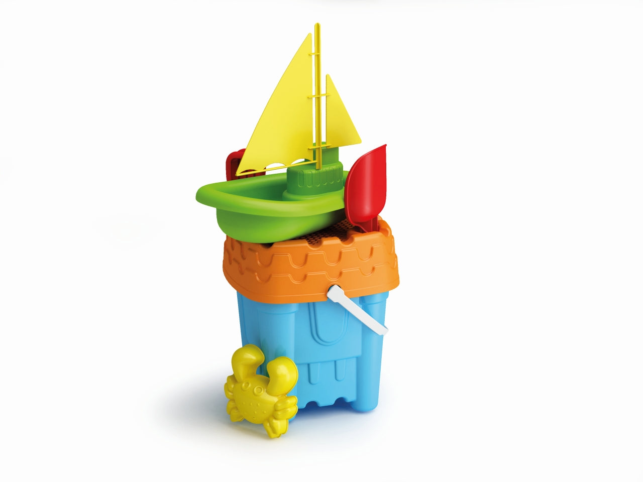 Secchiello castello set spiaggia con barchetta, formina, rastrello e paletta in plastica multicolor - Adriatic