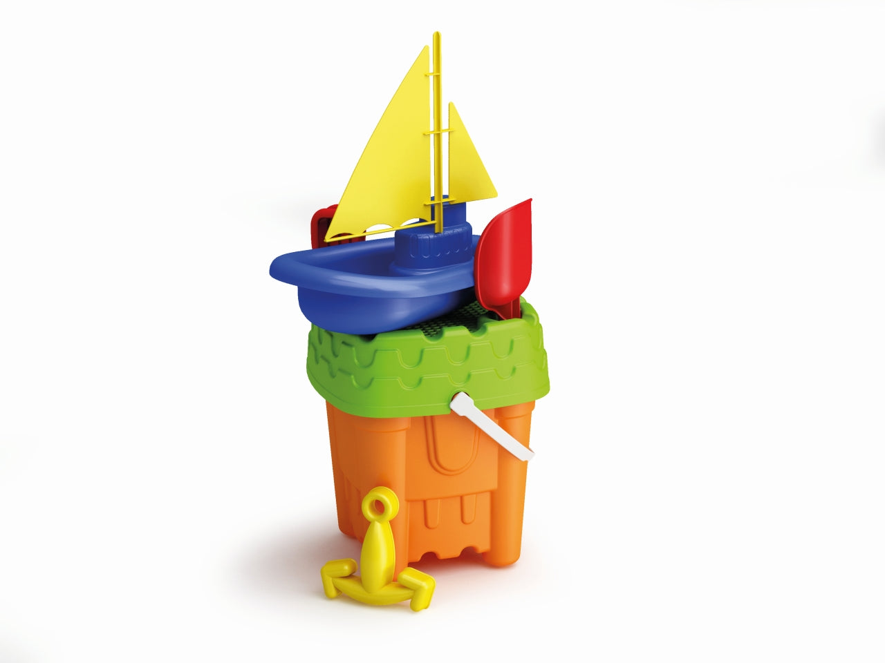 Secchiello castello set spiaggia con barchetta, formina, rastrello e paletta in plastica multicolor - Adriatic