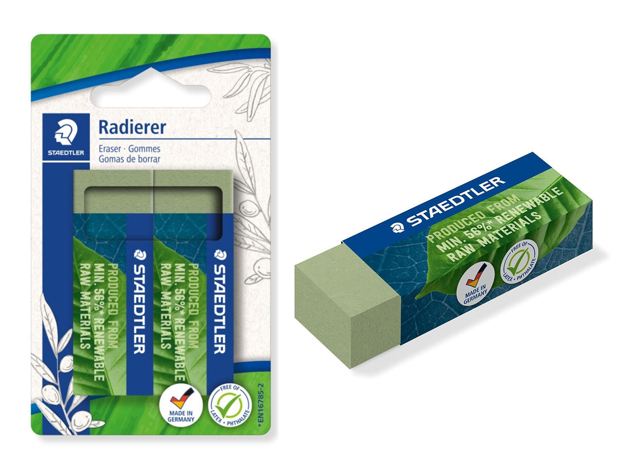 Gomma per cancellare ecologica verde oliva, blister da 2 pezzi, made in Germany - Staedtler