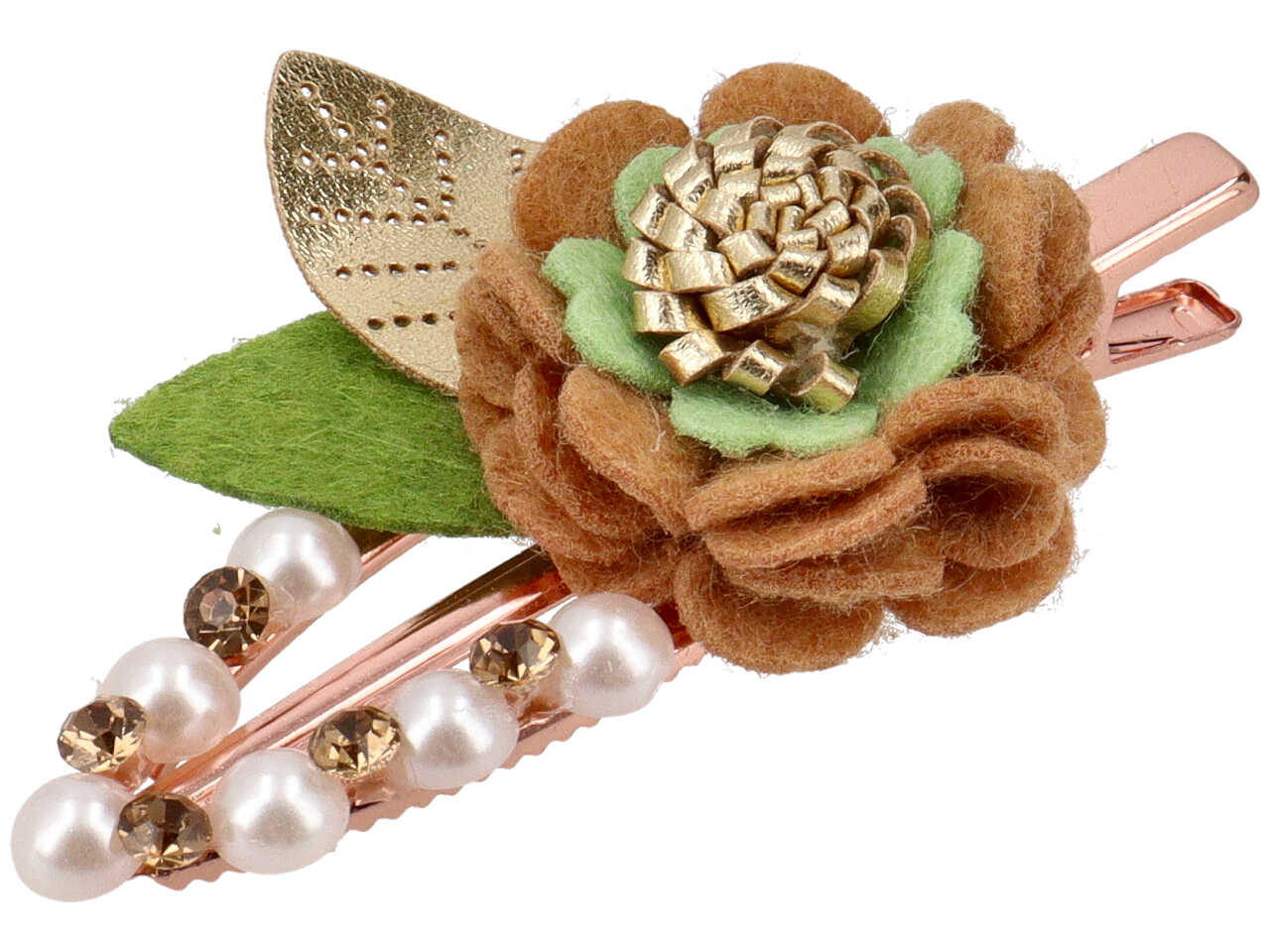 Becco con fiore, perle e strass in poliestere, metallo senza nichel