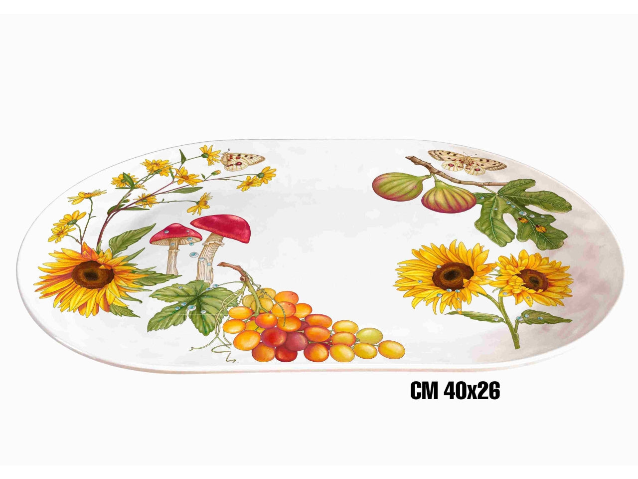 Vassoio ovale piano in melamina 40x26cm decoro fiori e frutta