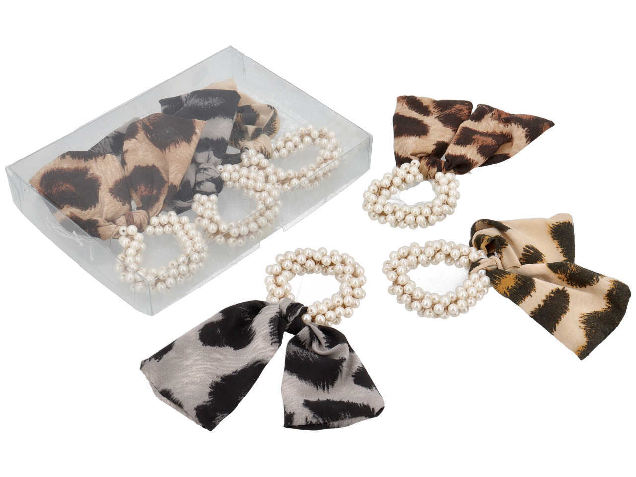 Fermacoda perle con fiocco tessuto maculato