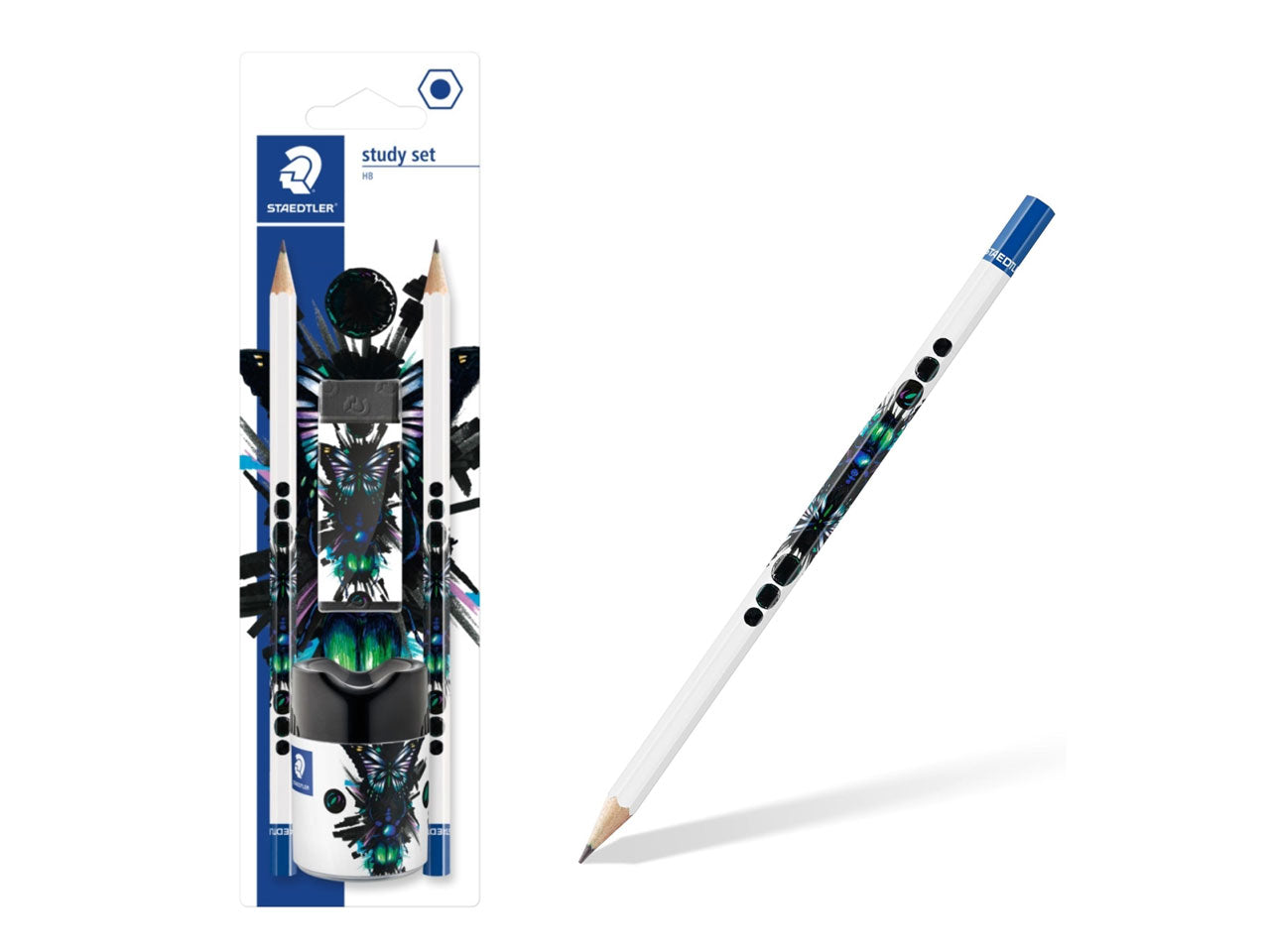 Set scuola di due matite HB, gomma nera, temperamatite 130 SBK2E1, nero e bianco - Staedtler