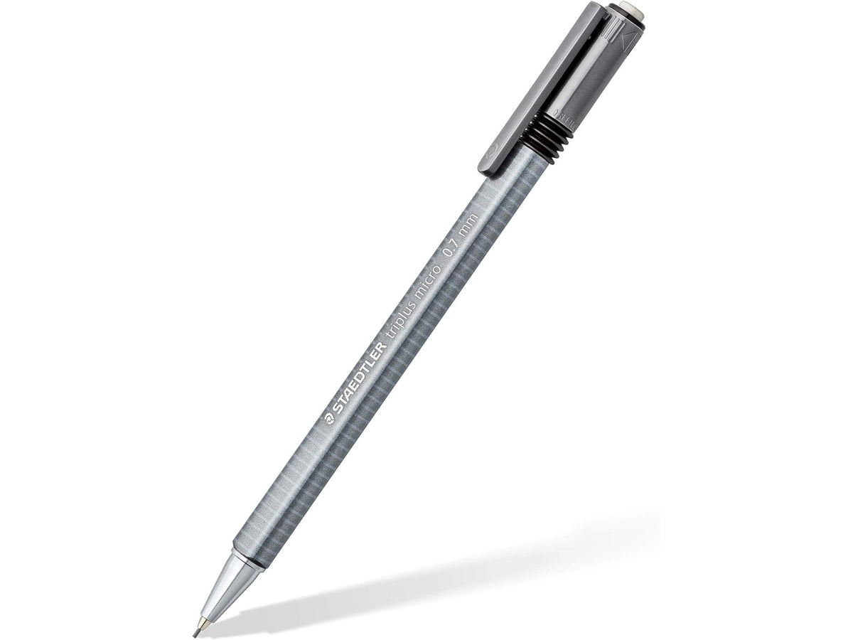 Portamine triplus 0,7 mm con tubetto 12 mine HB per disegno tecnico e artistico, forma ergonomica in metallo, grigio - in blister - Staedtler