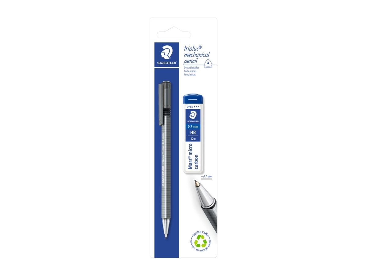 Portamine triplus 0,7 mm con tubetto 12 mine HB per disegno tecnico e artistico, forma ergonomica in metallo, grigio - in blister - Staedtler