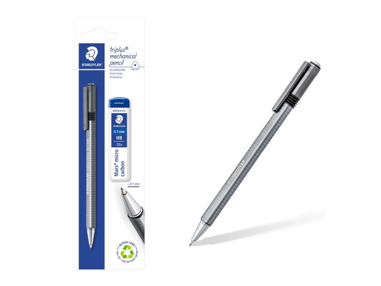 Portamine triplus 0,7 mm con tubetto 12 mine HB per disegno tecnico e artistico, forma ergonomica in metallo, grigio - in blister - Staedtler