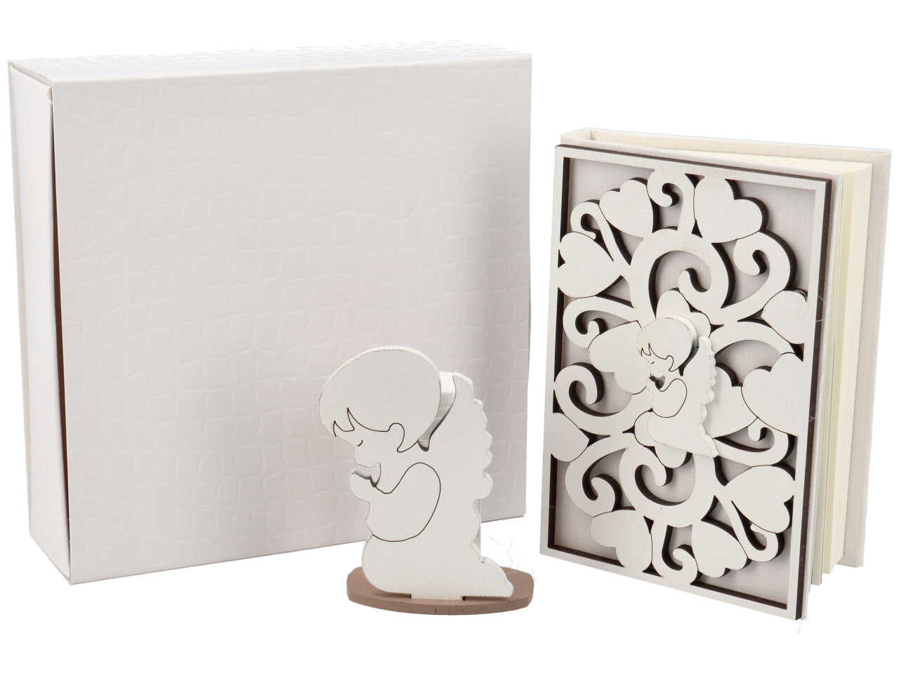 Vangelo con profumatore angelo in legno bianco con decorazione floreale - 8x12x2,5 cm - Creare