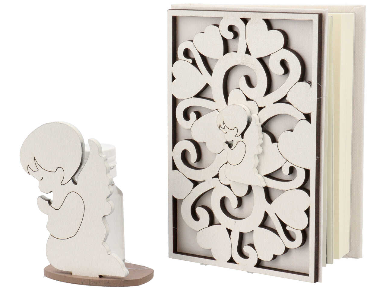 Vangelo con profumatore angelo in legno bianco con decorazione floreale - 8x12x2,5 cm - Creare