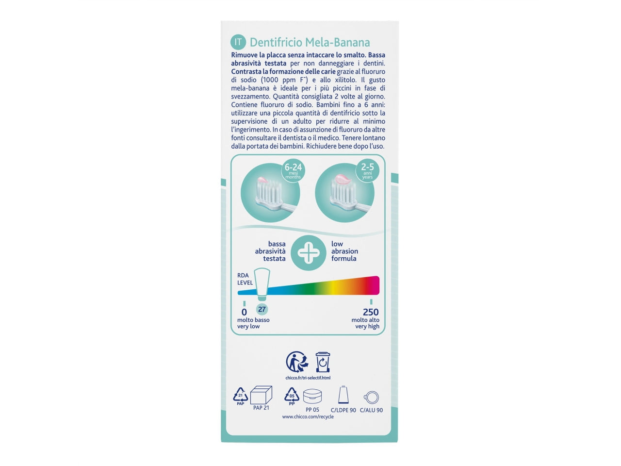 Dentifricio Oral Care Chicco, gusto mela banana per uso quotidiano, 6-24m