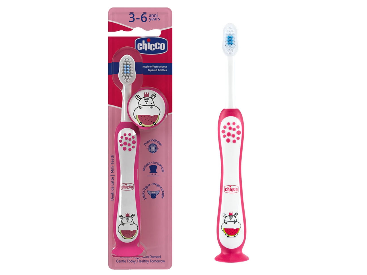 Spazzolino Hippo Oral Care Chicco con setole ultra sottili e impugnatura ergonomica rosa, 3-6 anni