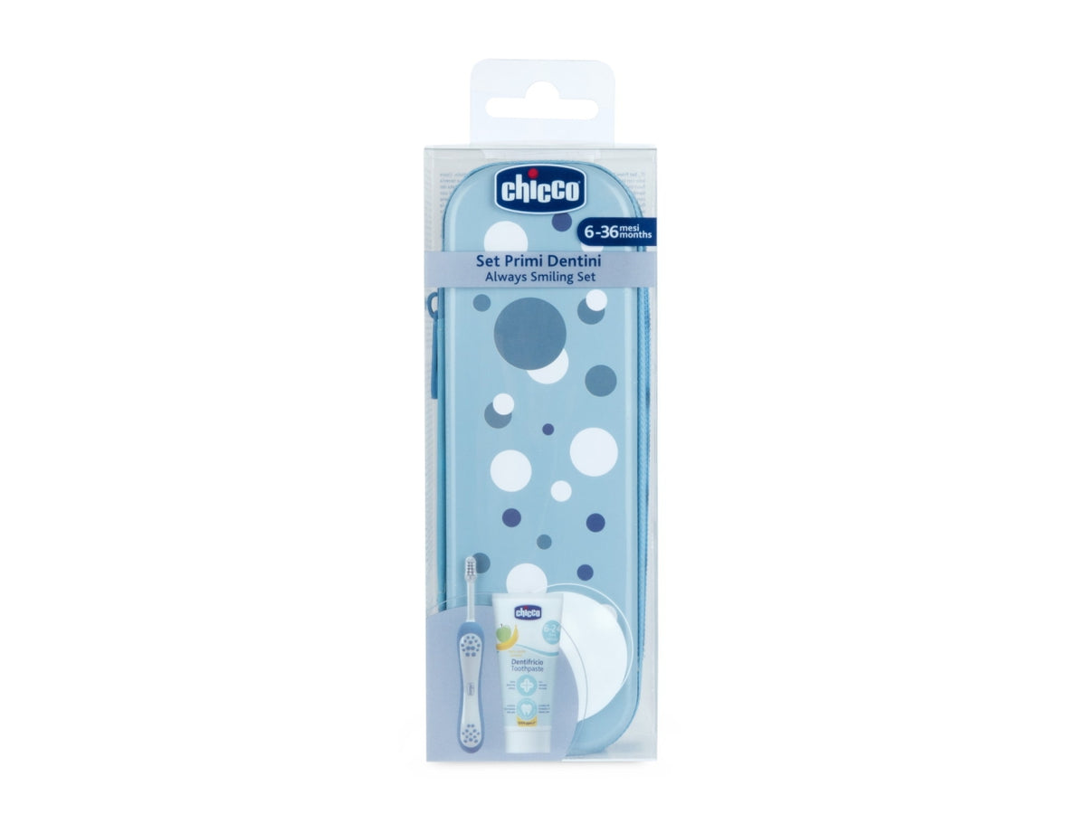 Astuccio Oral Care Chicco per igiene orale fuori casa con spazzolino e dentifricio, colore azzurro, 6 + mesi