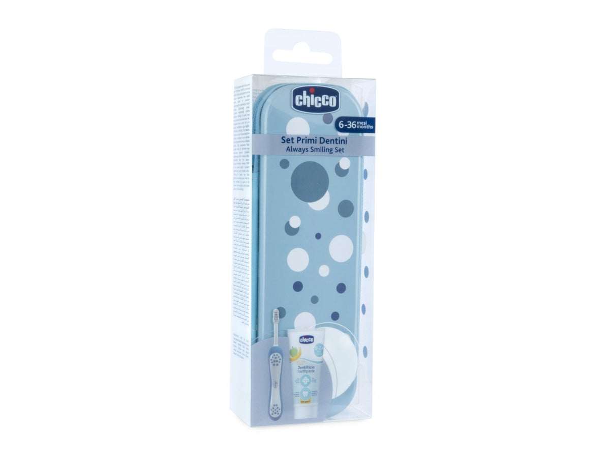 Astuccio Oral Care Chicco per igiene orale fuori casa con spazzolino e dentifricio, colore azzurro, 6 + mesi