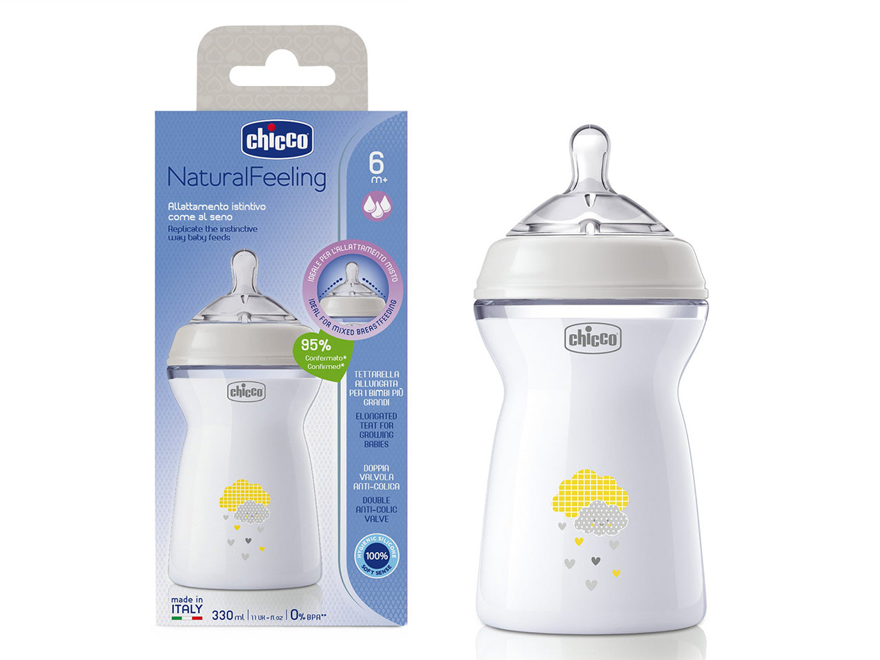 Chicco Natural Feeling Biberon Anticolica 6 Mesi+ da 330 ml con Tettarella in Silicone Neutro