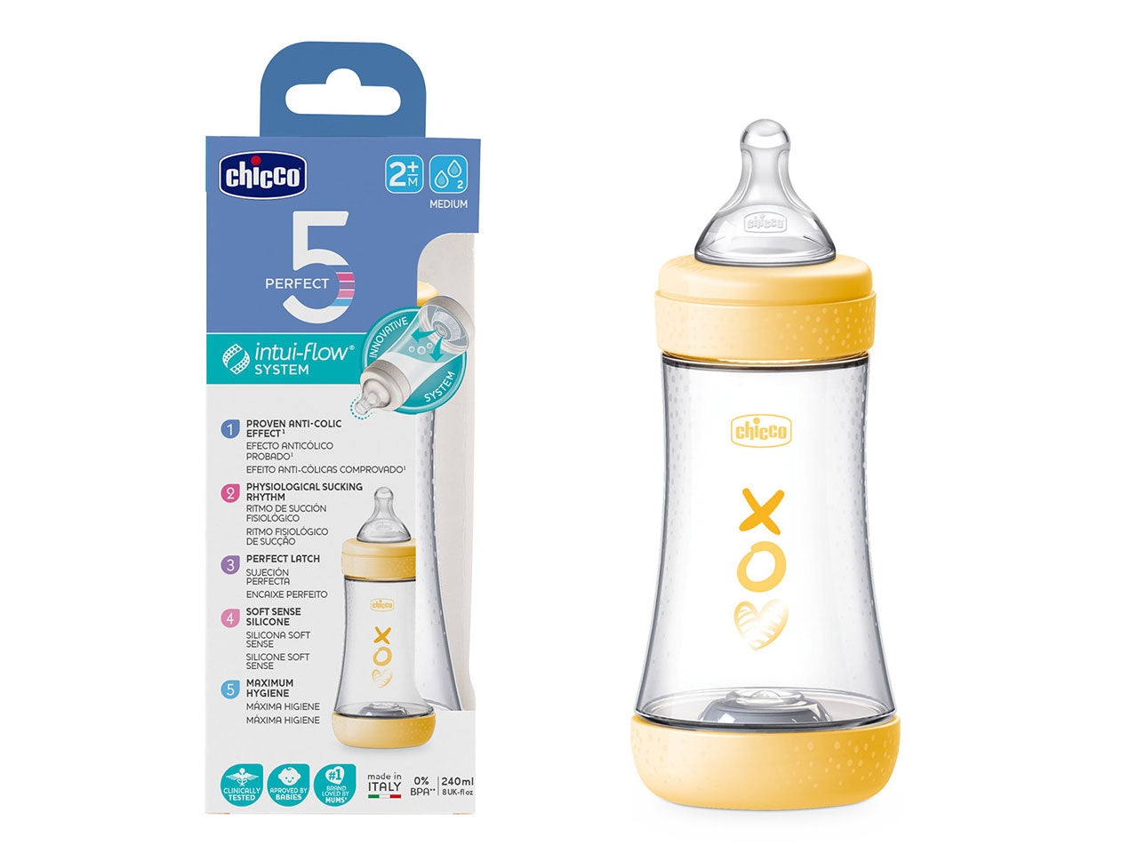 Biberon perfect5 neutro 240ml in silicone 2 fori flusso medio