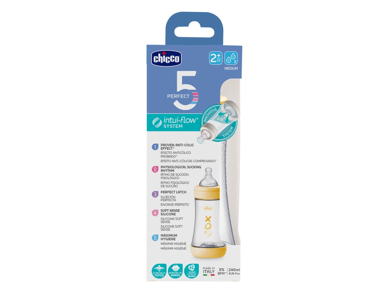 Biberon perfect5 neutro 240ml in silicone 2 fori flusso medio