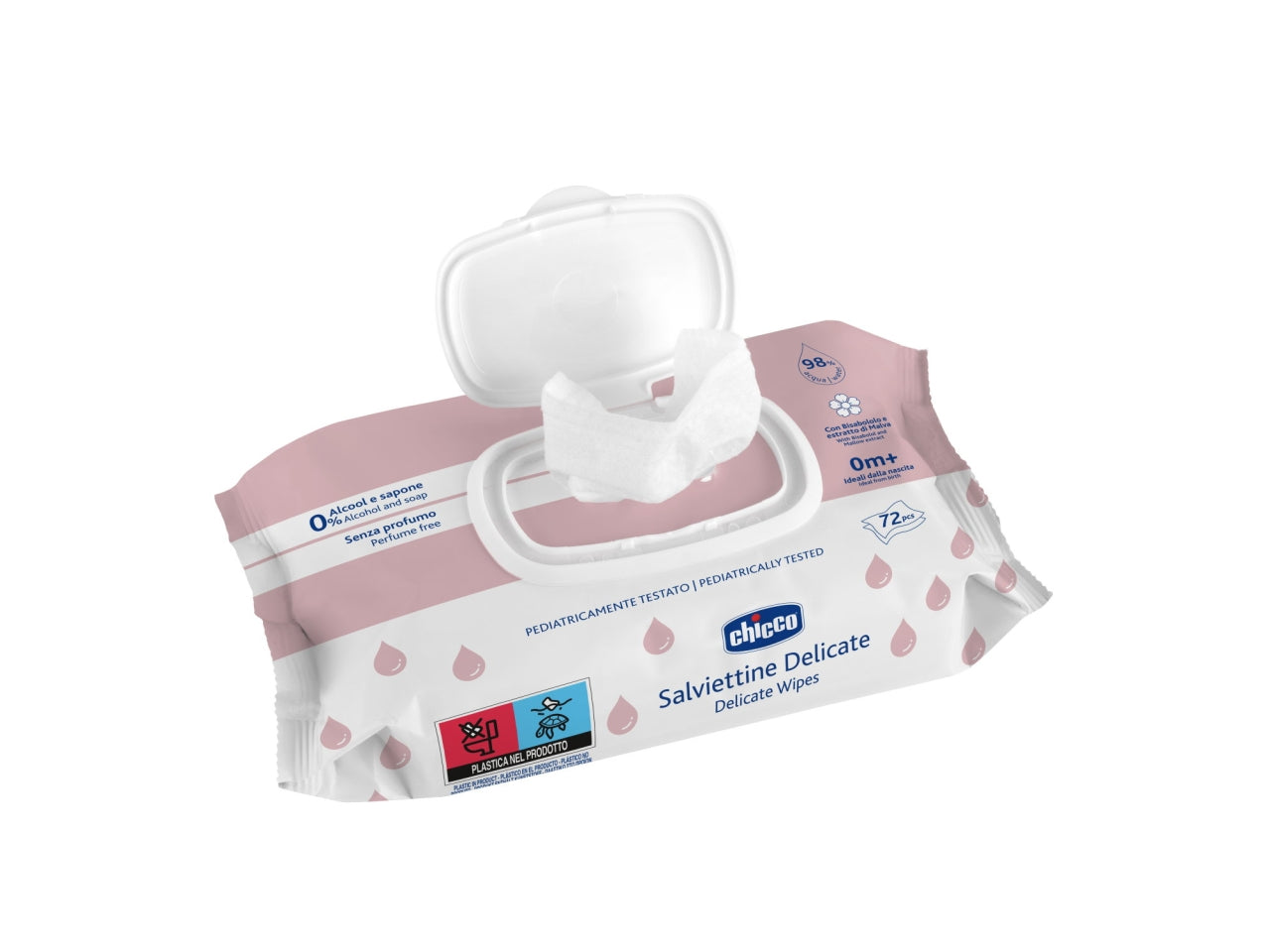 Salviette delicate Chicco in tessuto per pelli sensibili, 72 pezzi con coperchio apri e chiudi