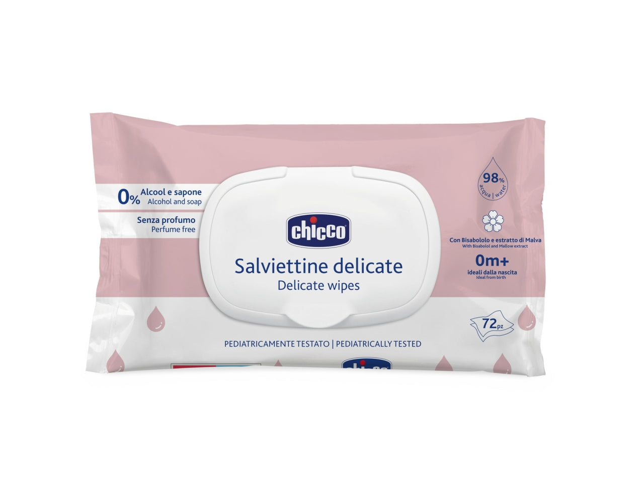 Salviette delicate Chicco in tessuto per pelli sensibili, 72 pezzi con coperchio apri e chiudi