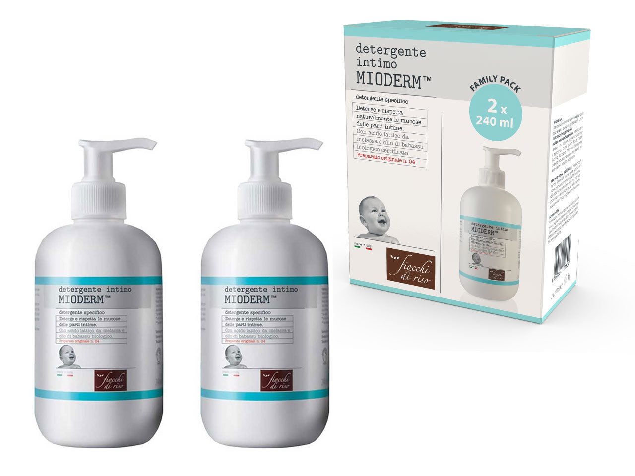 Detergente intimo Mioderm 240 ml per l'igiene del neonato confezione 2 pezzi, Made in Italy - Fiocchi di Riso