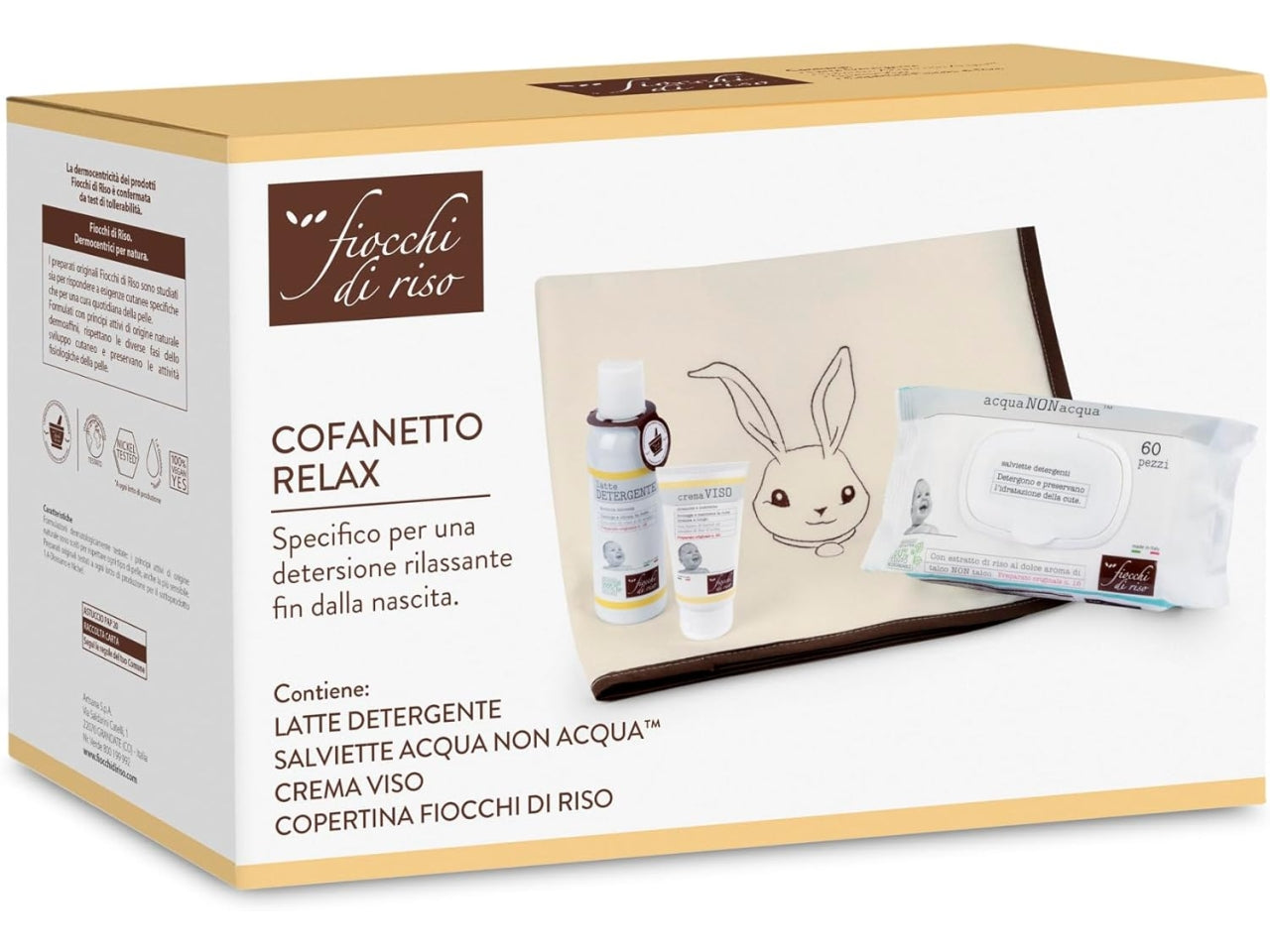 Cofanetto relax Fiocchi di Riso latte detergente, crema viso, salviette e copertina | Chicco