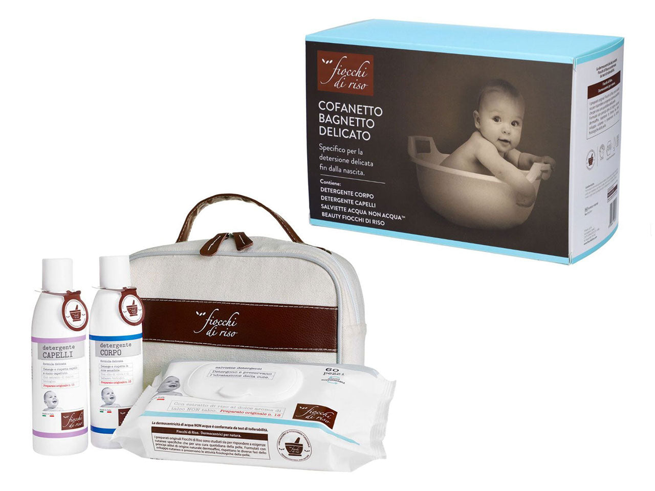 Cofanetto bagnetto Fiocchi Di Riso detergente corpo 200 ml, detergente capelli 200 ml e salviette 60 pezzi - Artsana
