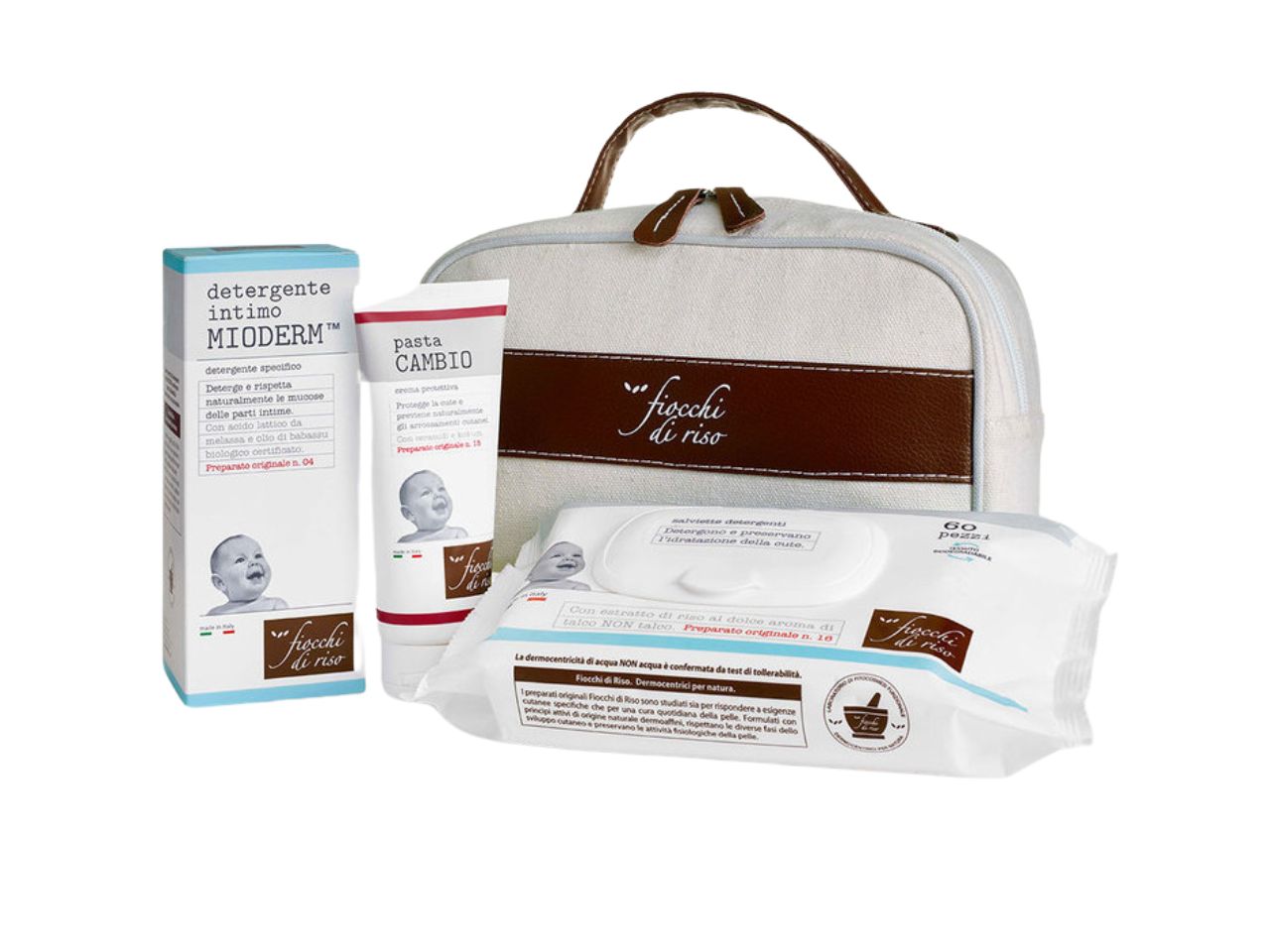 Cofanetto cambio pannolino Fiocchi Di Riso detergente intimo mioderm 240 ml, pasta cambio 100 ml e salviette 60 pezzi - Artsana