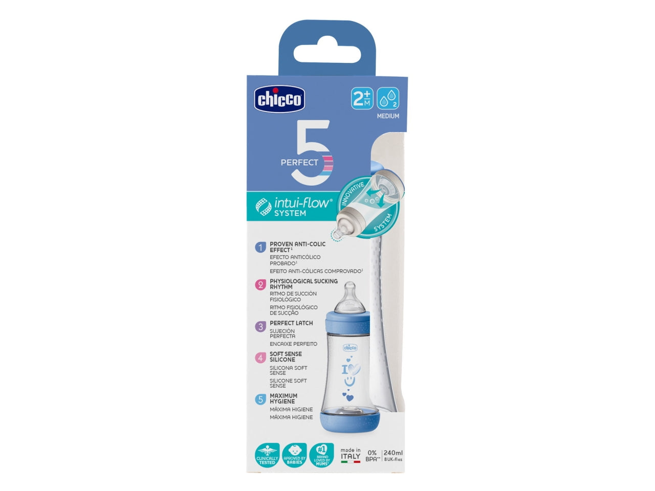 Biberon perfect 5 boy 240 medio silicone, Adatto per 0+ mesi | Chicco