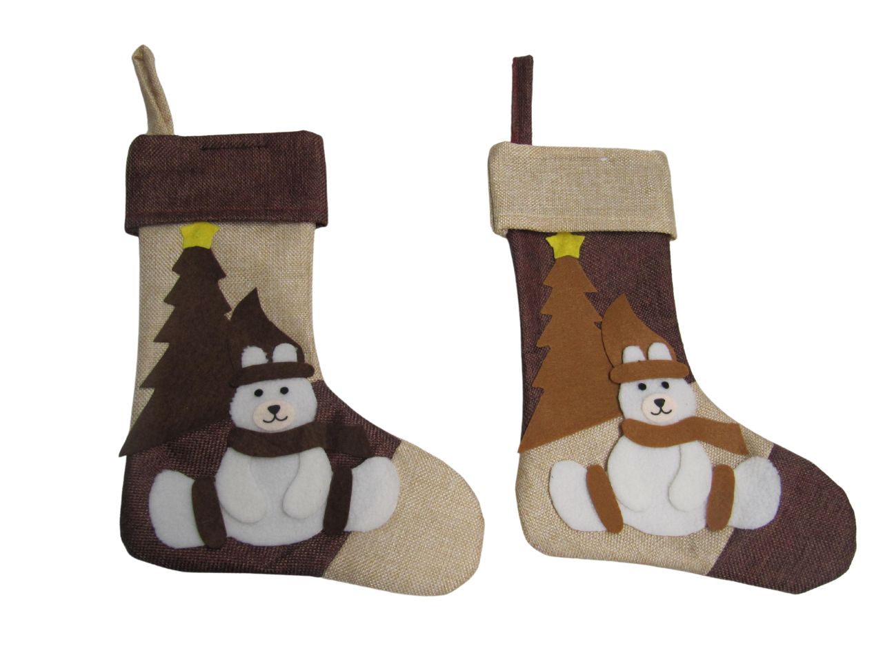 Calza foresta in panno con applicazione orsetto 32cm in 2 colori marrone e beige