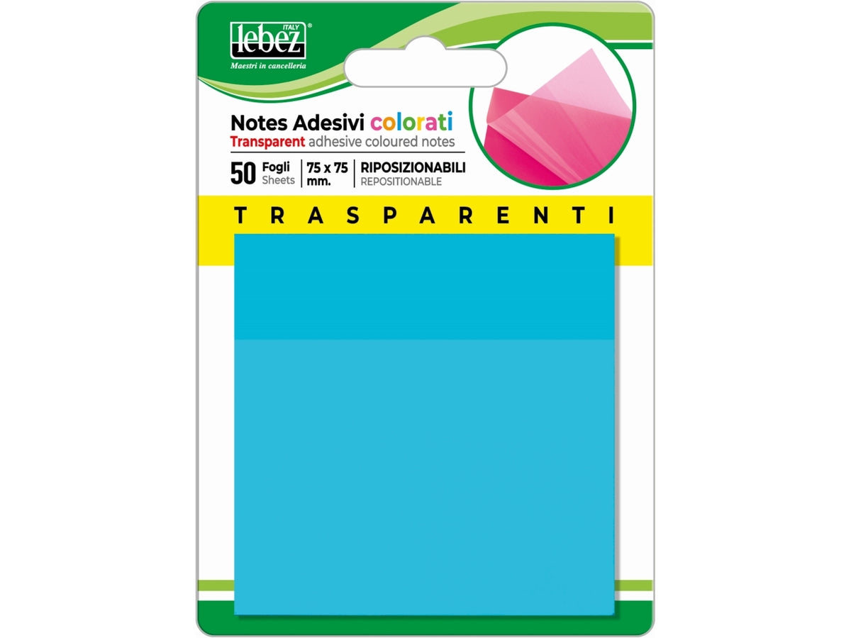 Notes adesivi trasparenti colorati 75x75mm riposizionabili - blocchetto da 50 fogli notes