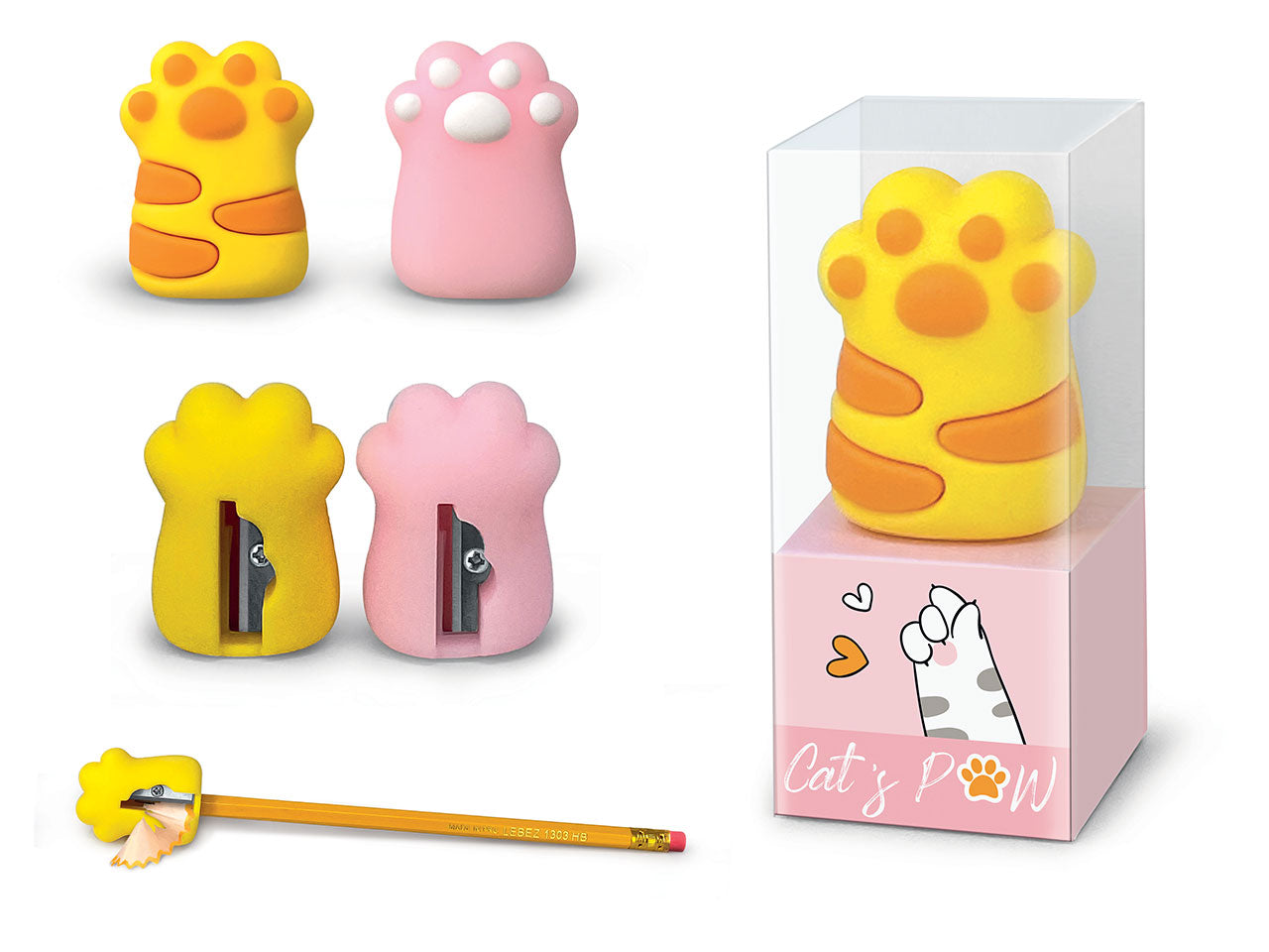 Temperino a zampa catpaw giallo e rosa, plastica morbida - Lebez